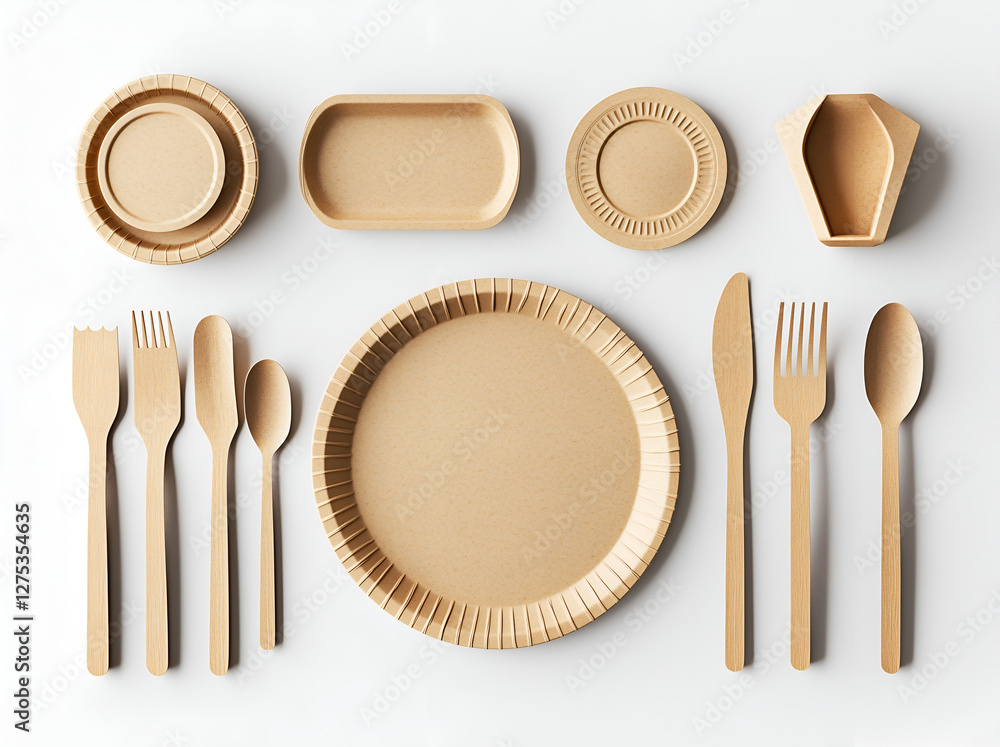 set of eco-friendly tableware made from biodegradable materials, such as bamboo or paper, arranged on an isolated white background set of eco-friendly tableware made from biodegradable materials, such as bamboo or paper, arranged on an isolated white background