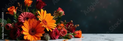 An artistic arrangement of orange and burgundy flowers on a marble tabletop against a dark background, burgundy, orange