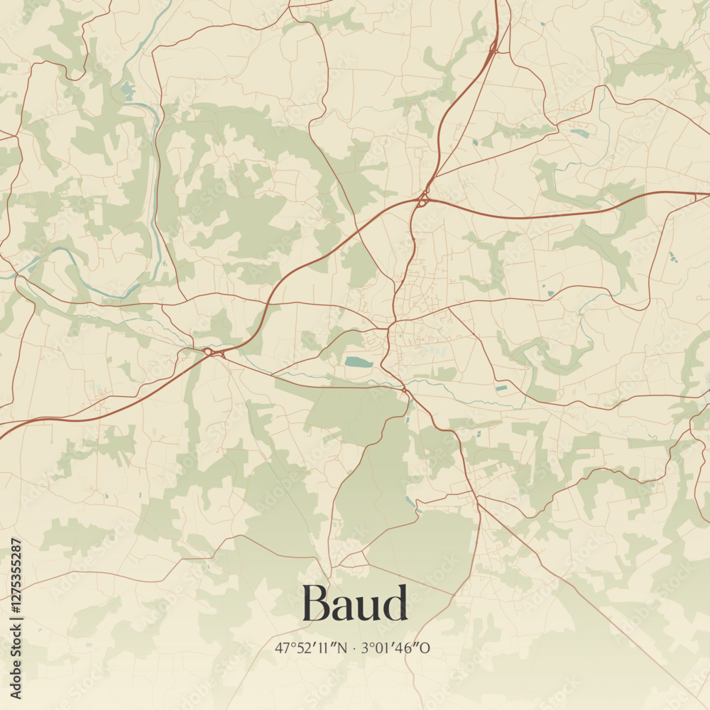Fototapeta premium Vintage map of Baud, France.