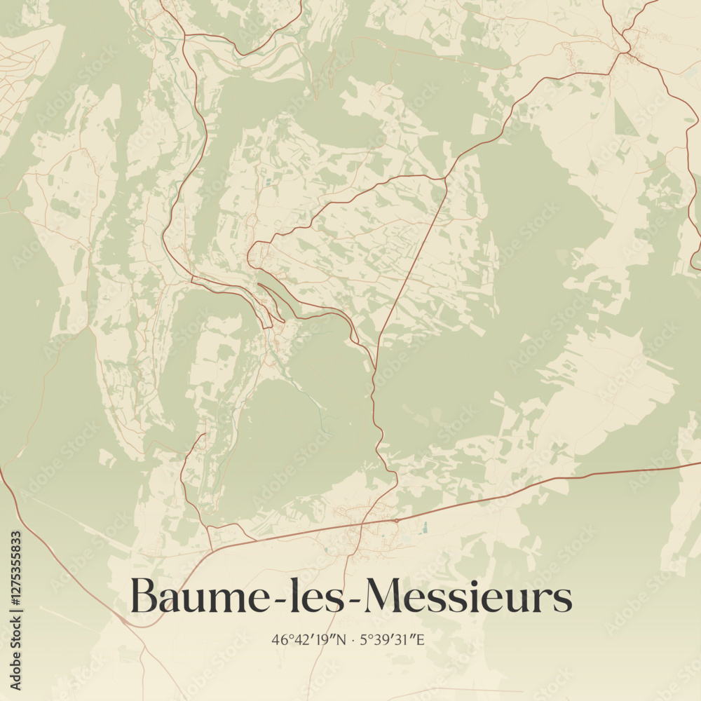 Fototapeta premium Vintage map of Baume-les-Messieurs, France.