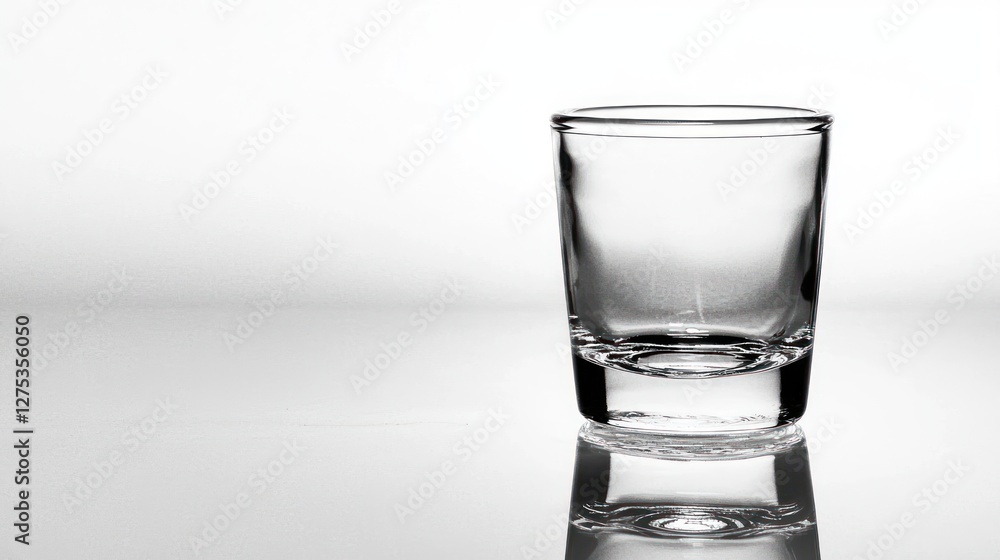 Empty shot glass on reflective surface. Empty shot glass on reflective surface.