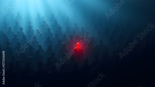 Beacon of Individuality: A solitary figure radiates in a vibrant glow amidst a multitude of obscured individuals, symbolizing the essence of uniqueness and the courage to stand out. photo