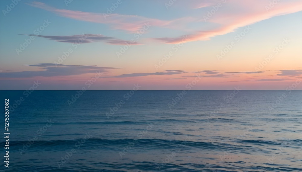Fototapeta premium Simple calm blue sea, ocean under a sunset sky. Gradient sky, gradient sea, colourful, pink sky, purple sky, blue sky, orange sky. Calm mood, mood photo, sea, sky background. Landscape. heaven, dawn. 