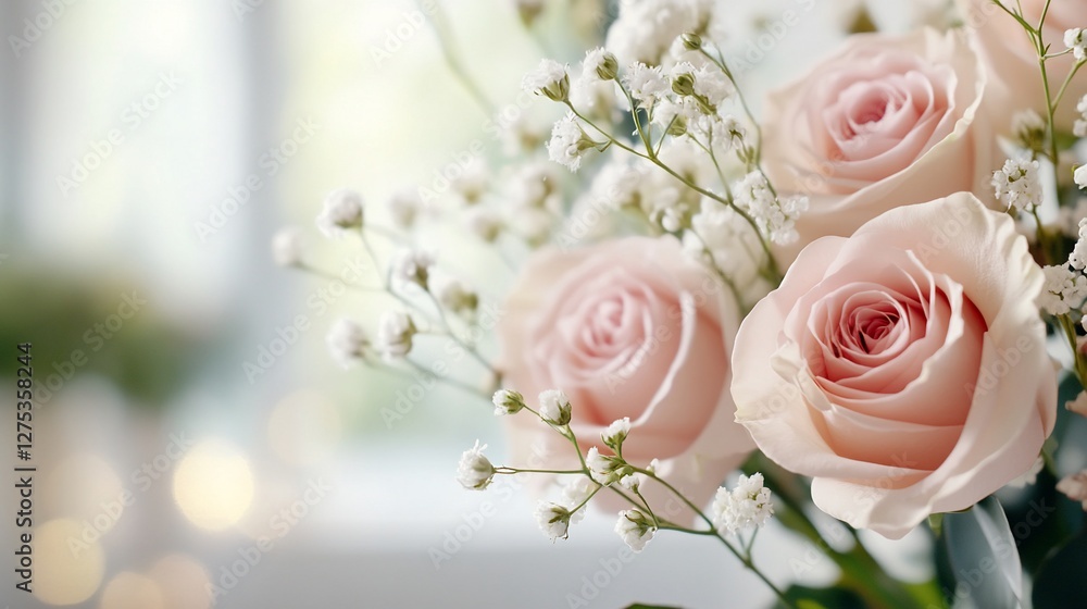 Pink roses bouquet, close-up, indoor, soft light. Pink roses bouquet, close-up, indoor, soft light.