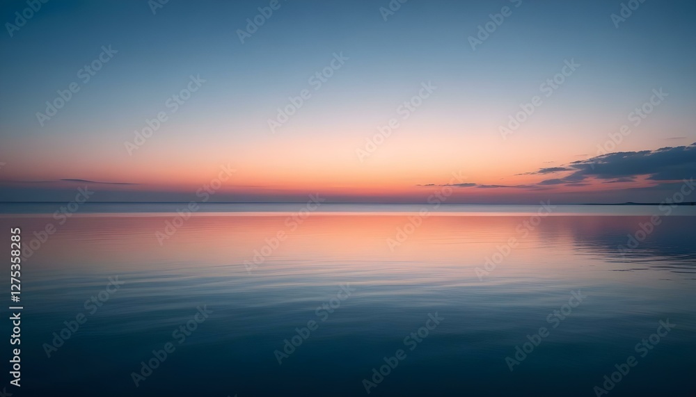 Fototapeta premium Simple calm blue sea, ocean under a sunset sky. Gradient sky, gradient sea, colourful, pink sky, purple sky, blue sky, orange sky. Calm mood, mood photo, sea, sky background. Landscape. heaven, dawn. 