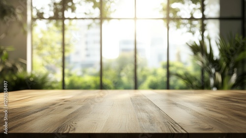 Bright indoor space with wooden table and greenery creating a tranquil atmosphere in the morning light