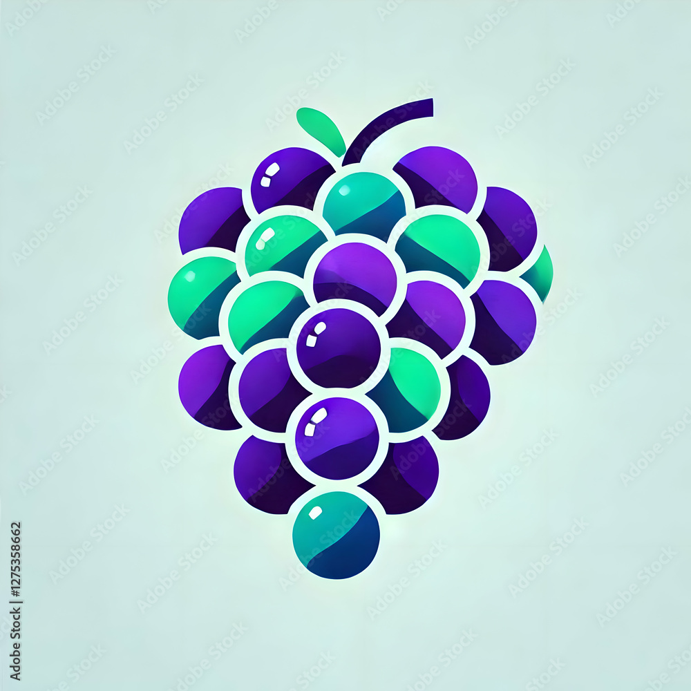 Fototapeta premium A minimalist depiction of juicy grapes in a bunch, rendered in vibrant purple and green shades on a white background, symbolizing freshness and simplicity.