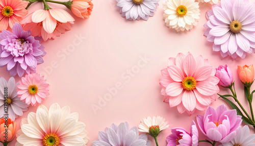 Beautiful floral arrangement with pink and lavender flowers on soft pastel background, copy space available