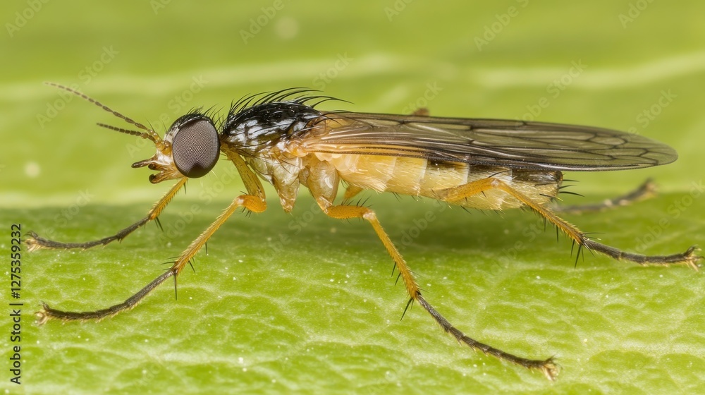 Close-up of a small, yellow and black fly perched on a green leaf. Close-up of a small, yellow and black fly perched on a green leaf.