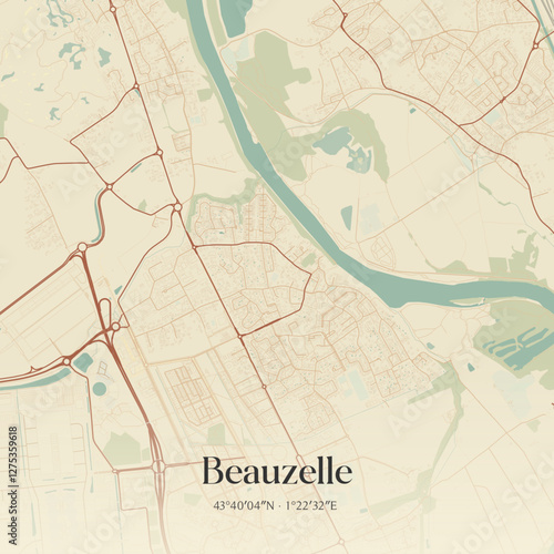 Vintage map of Beauzelle, France.
