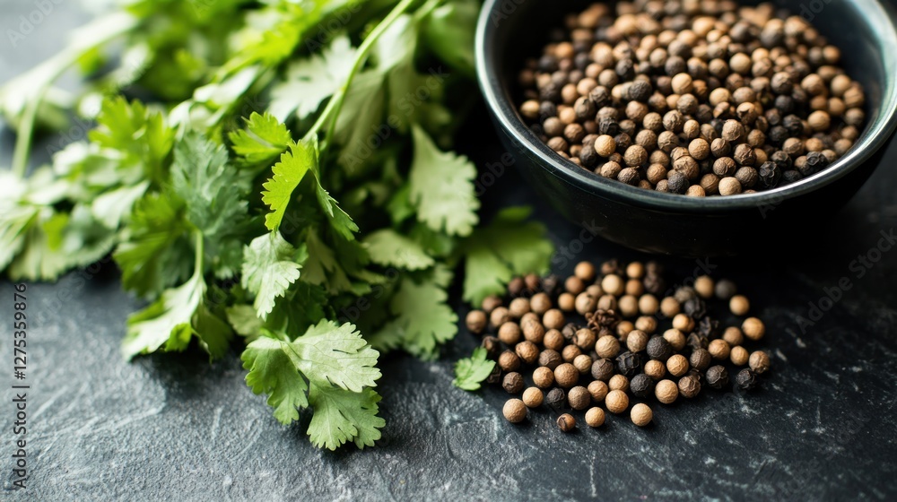 Fresh cilantro and peppercorns on dark surface. Fresh cilantro and peppercorns on dark surface.