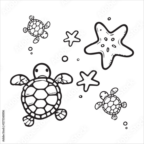 Turtle swimming near two starfish. Great for ocean or wildlifethemed designs, beach illustrations, educational materials, and conservation presentations. coloring book