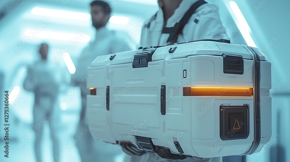 Fototapeta premium Scientist carries case, lab background, research