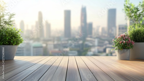 View of a modern city skyline from a wooden terrace with potted plants and flowers during a sunny day