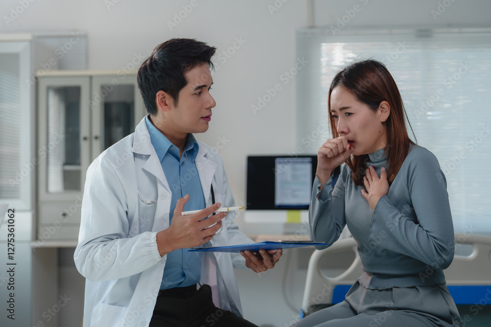 Obraz premium Asian female patient is coughing while explaining her symptoms to the doctor, who is holding a clipboard and listening carefully in a hospital room