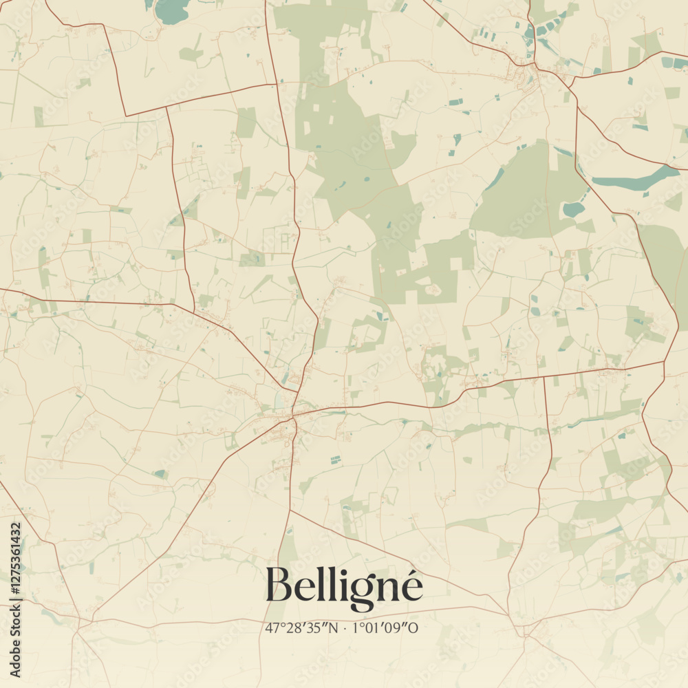 Fototapeta premium Vintage map of Belligné, France.