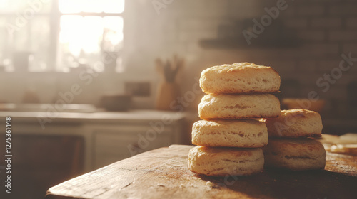 Stack of Homemade Buttermilk Biscuits in a Rustic Kitchen with Warm Sunlight photo