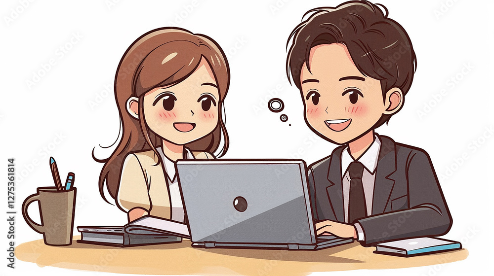 Cartoon business people working together on laptop Cartoon business people working together on laptop