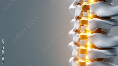 Detailed 3D rendering of a human spinal column with golden intervertebral discs, showcasing health and anatomical structure