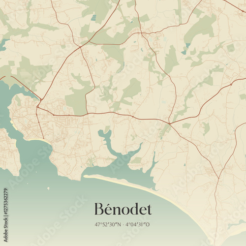 Vintage map of Bénodet, France.