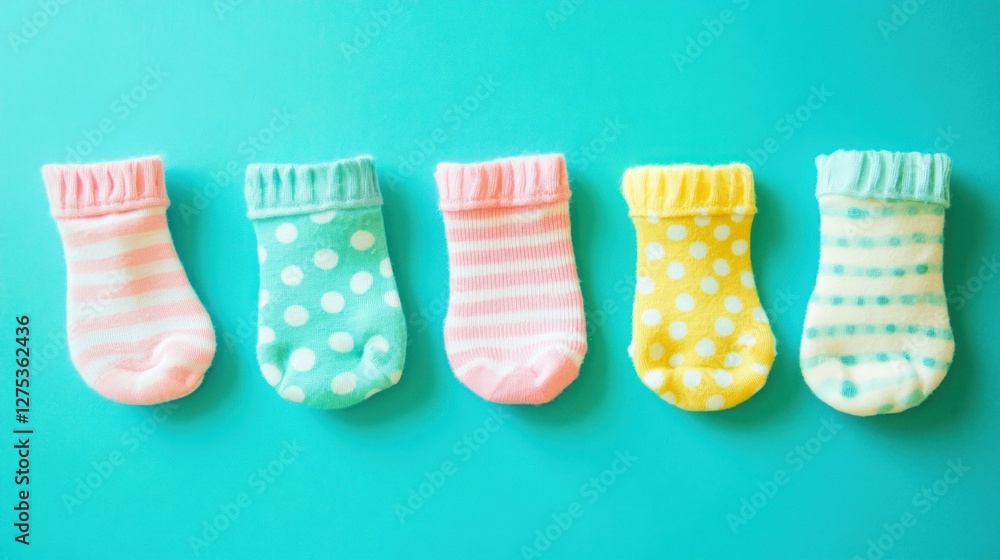 Five colorful baby socks arranged in a row on a turquoise background. Five colorful baby socks arranged in a row on a turquoise background.