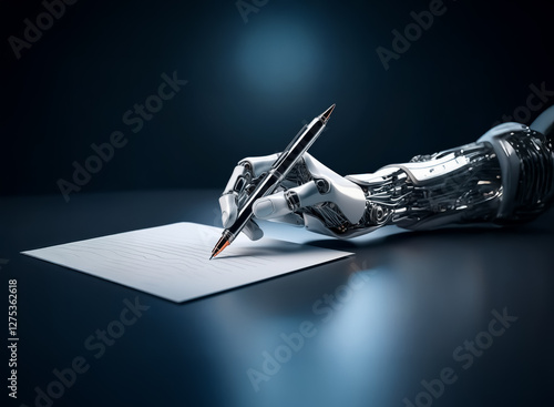 A futuristic silver robotic arm holds a pen, writing on blank white paper against a deep dark blue backdrop.
