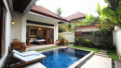 Wallpaper Mural Serene Minimalist Tropical Resort Room Exterior with Tranquil Pool, Lush Gardens, and Soft Ambient Lighting Torontodigital.ca