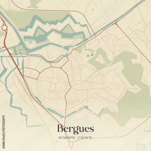 Vintage map of Bergues, France.