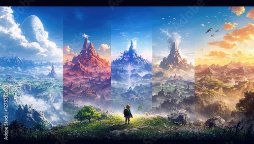 Fototapeta Naklejka Na Ścianę i Meble -  Hero views Hyrule's diverse landscapes at dawn, dusk & night