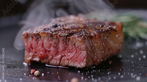 Close-up of sizzling grilled steak with smoke. 