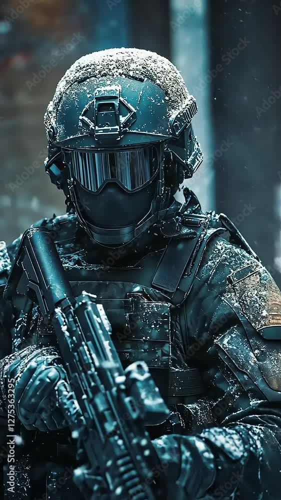 A soldier in winter gear stands with a weapon amidst falling snowflakes. A soldier in winter gear stands with a weapon amidst falling snowflakes.