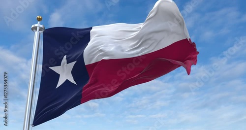 Texas US State flag with flagpole waving in wind, rolling clouds background looping, 4K video (Perfect Loop)