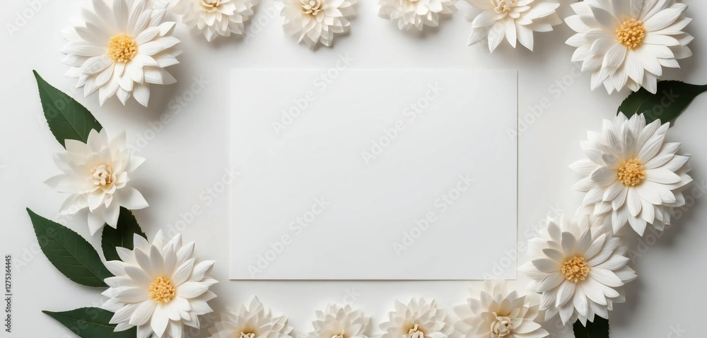 A sophisticated flat lay of delicate white paper flowers encircling a blank greeting card on a soft white background, enhanced by subtle shadows for a serene and elegant composition. A sophisticated flat lay of delicate white paper flowers encircling a blank greeting card on a soft white background, enhanced by subtle shadows for a serene and elegant composition.