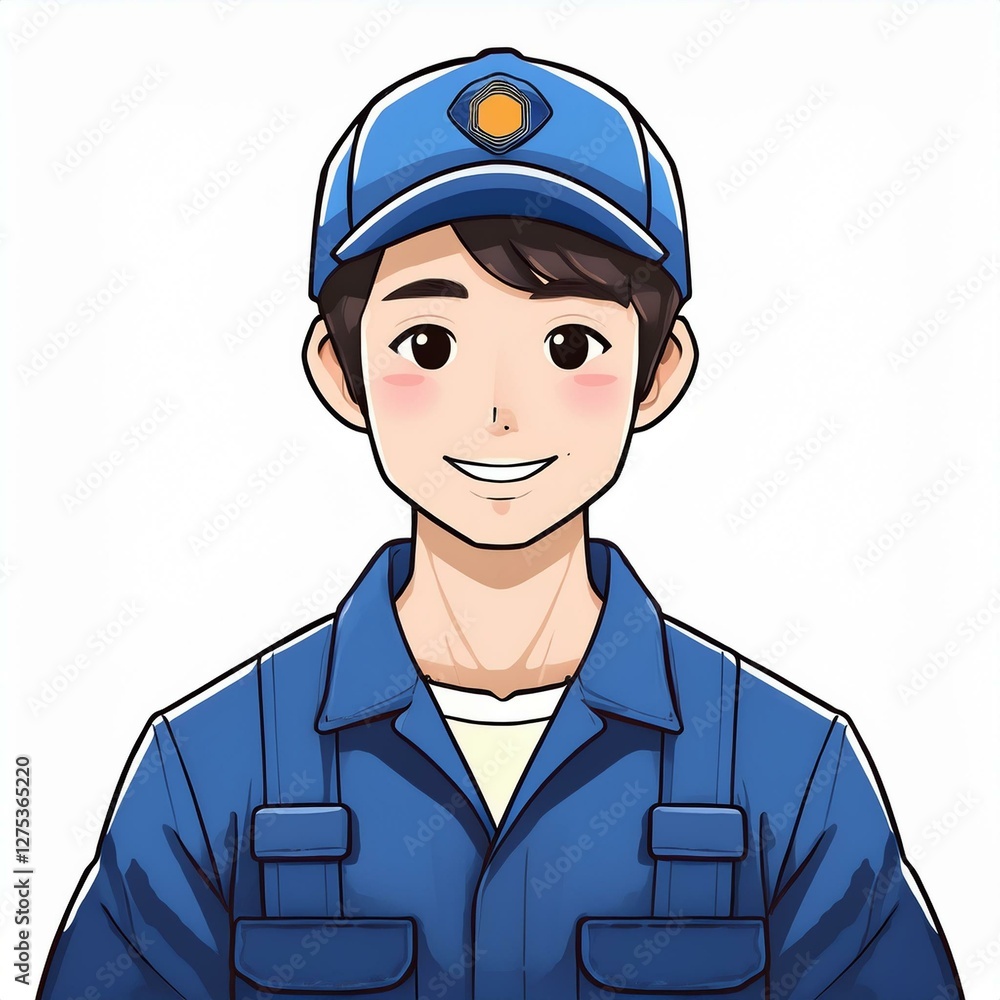 青い作業服を着た男性作業員の顔のイラスト。白い背景。AIで生成 青い作業服を着た男性作業員の顔のイラスト。白い背景。AIで生成
