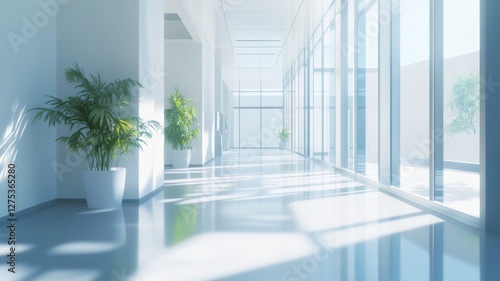Bright and airy hallway featuring potted plants and large windows in a contemporary building during daylight hours