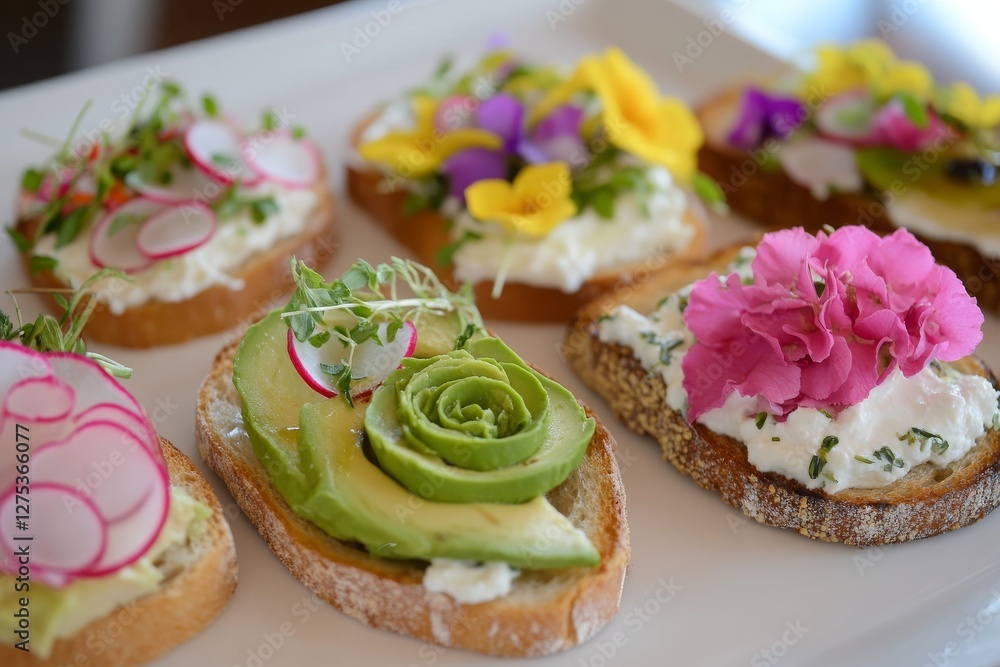 An artistic display of colorful toasts featuring avocado roses, radish slices, ricotta, honey, and edible flowers arranged elegantly on a white plate, enhanced by natural light An artistic display of colorful toasts featuring avocado roses, radish slices, ricotta, honey, and edible flowers arranged elegantly on a white plate, enhanced by natural light