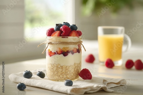 Layers of creamy overnight oats, Greek yogurt, and almond milk create a refreshing breakfast option. Topped with assorted fresh berries and a honey drizzle, presented in a mason jar photo