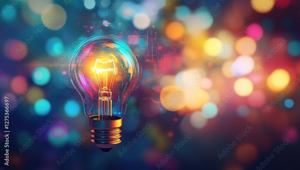 Illuminated lightbulb, vibrant background, innovation concept, digital overlay Illuminated lightbulb, vibrant background, innovation concept, digital overlay