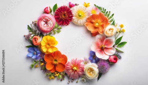 Vibrant Flower Border Frame Eclipsing White Background, Celebrating the Pinnacle of Spring and Summers Colors, Embracing a Joyful and Inviting Atmosphere. photo