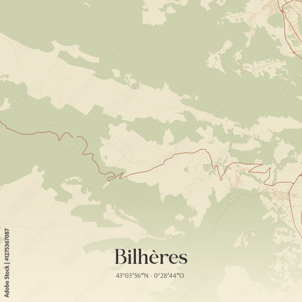 Fototapeta premium Vintage map of Bilhères, France.