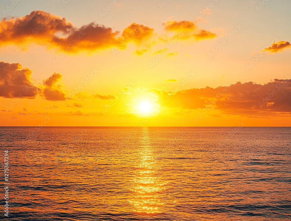 Fototapeta premium Beautiful sunset over the sea with an orange sky and golden clouds. Stunning seascape, ocean view with the sun setting in summer. Sunset background for design, print, or postcard.