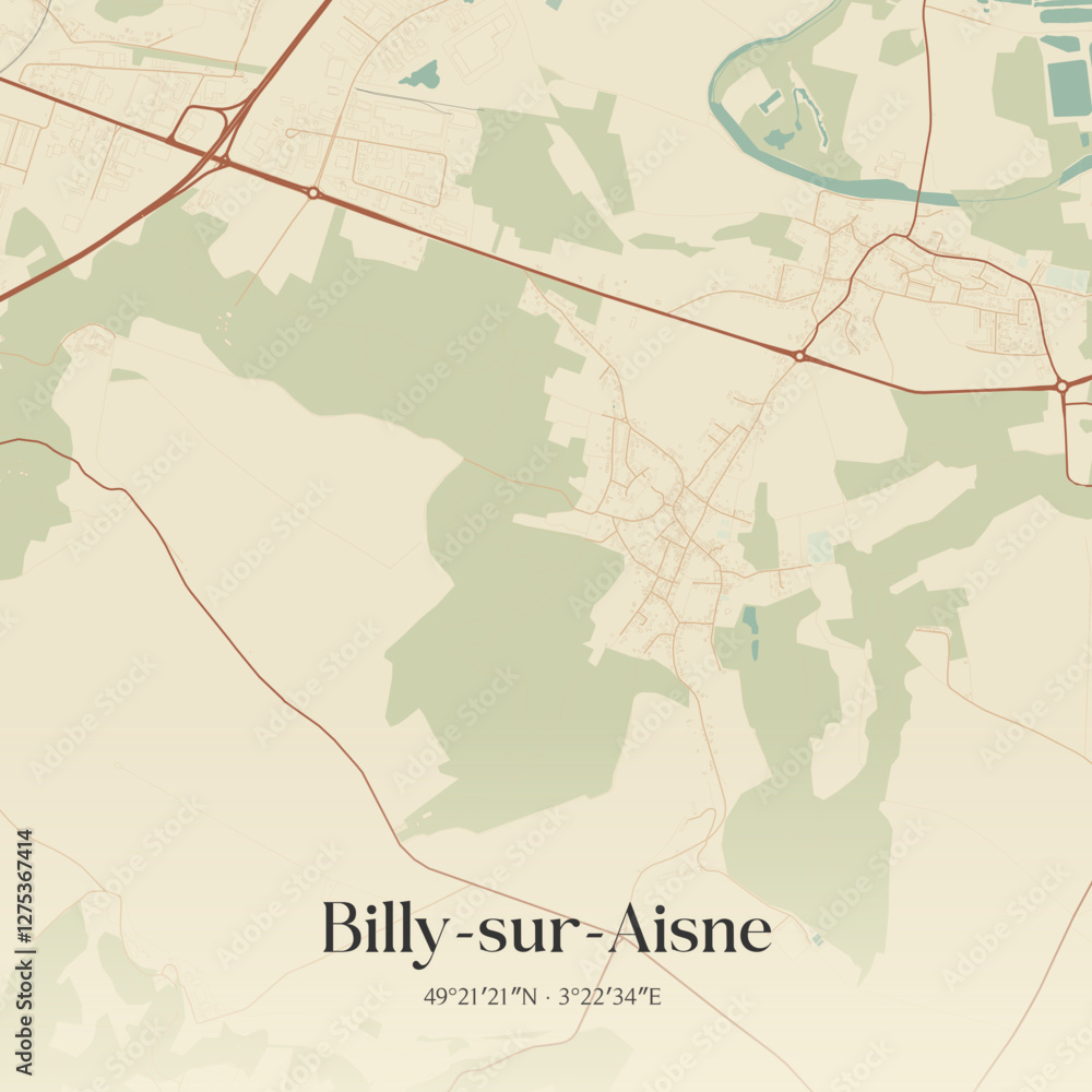 Fototapeta premium Vintage map of Billy-sur-Aisne, France.