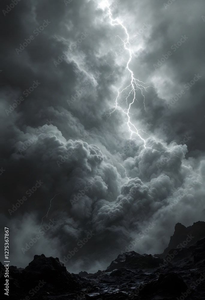 Dramatic Lightning Strike Illuminates Stormy Sky Over Dark Volcanic Landscape