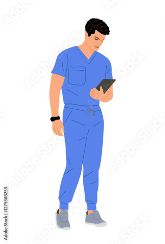 Young Male doctor, nurse, paramedic standing with tablet. Handsome man medic worker in blue uniform scrub. Cartoon vector realistic illustration isolated