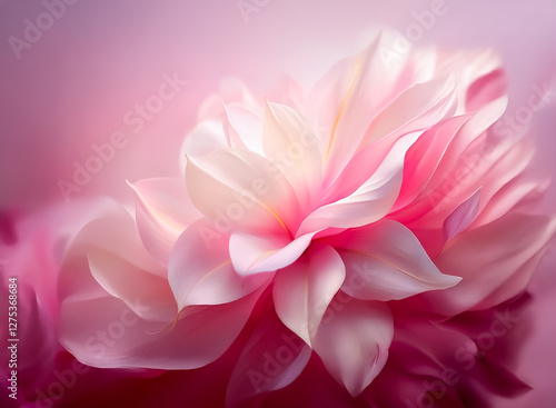 Soft pink dahlia blossom in dreamy close-up view. Delicate petals unfurl in gentle light, creating romantic and elegant floral beauty. photo