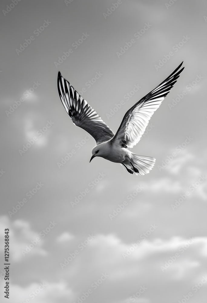 Obraz premium Seagull Flying Against Cloudy Sky in Black and White