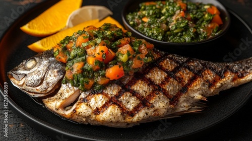 Grilled fish topped with salsa, served with orange slices and a side of salad.