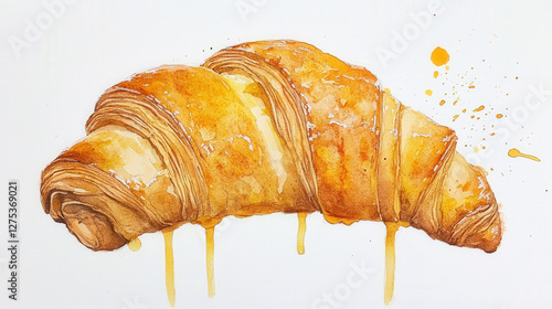 Watercolor Illustration of a Buttery Croissant with a Golden Flaky Crust and Honey Glaze photo