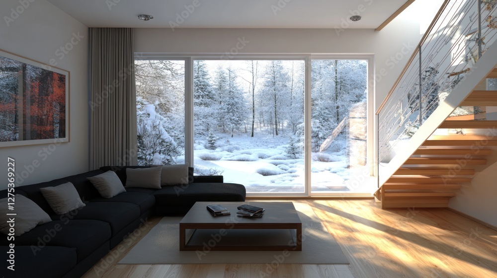 Fototapeta premium Modern living room with snowy forest view.