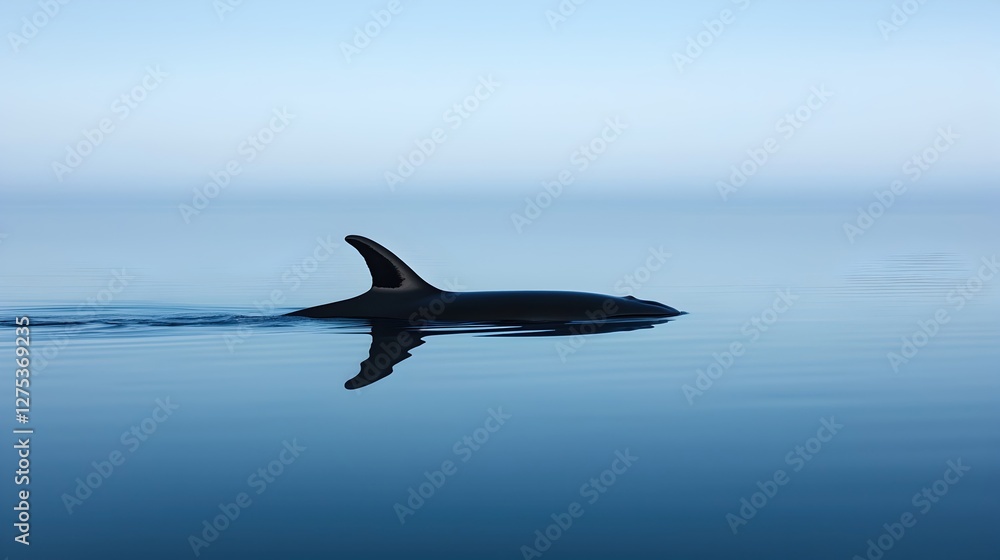 Silhouette of a Whale Fin Cutting Through Calm Blue Ocean Waters Silhouette of a Whale Fin Cutting Through Calm Blue Ocean Waters